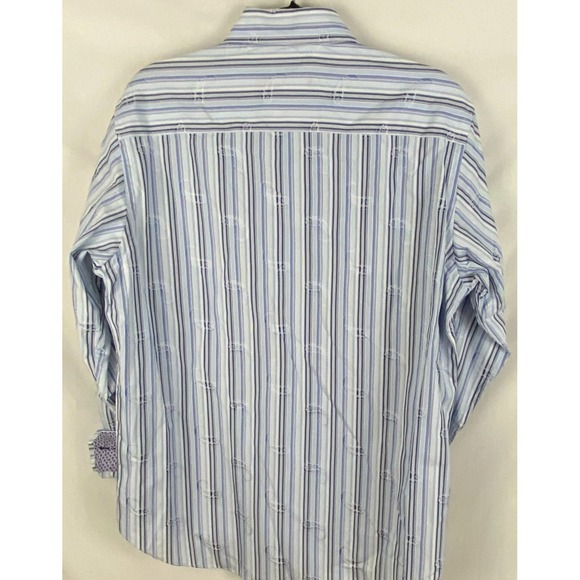 NWT Bugatchi Men Shirt Blue Black Paisley Striped Long Sleeve Flip Cuffs Med New - Picture 5 of 7